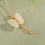 Fortune Jewel 925 Sterling Silver Plated Gold Hetian White Jade Butterfly Blessing Necklace Pendant