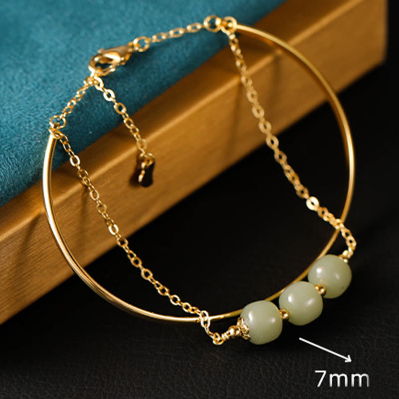 Fortune Jewel Copper Plated Gold Hetian Jade Bead Luck Double Layer Bracelet Bangle