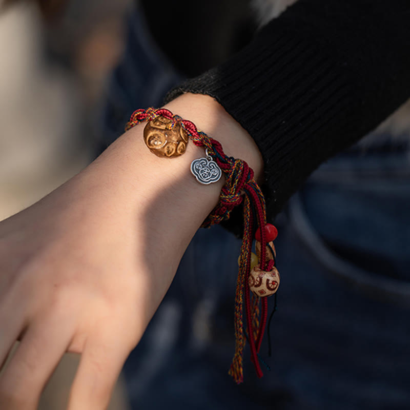 Fortune Jewel Tibetan Handmade Colorful Thread 925 Sterling Silver Koi Fish Protection Strength String Bracelet