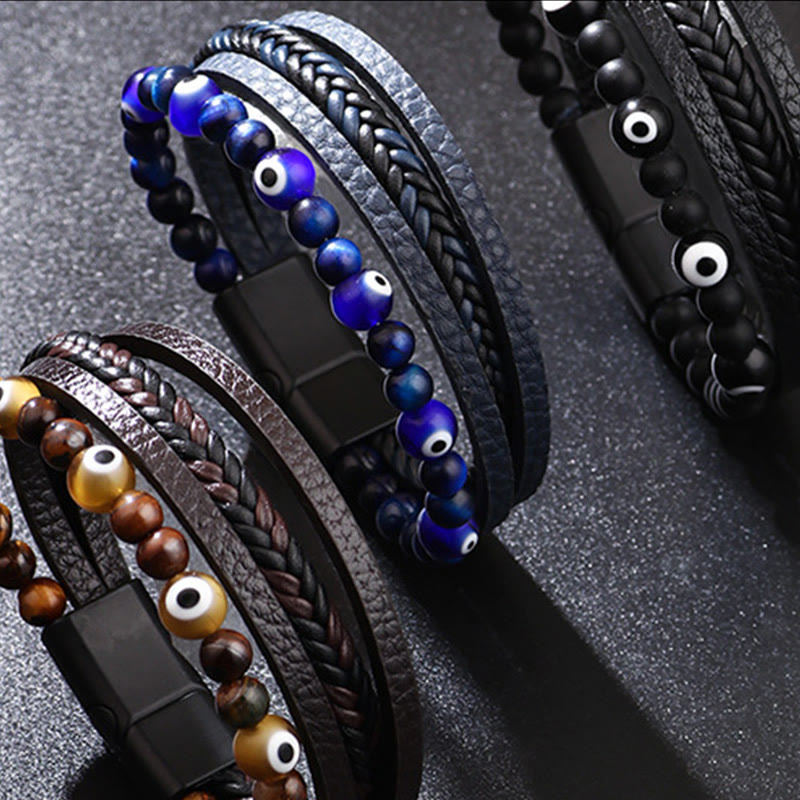 Fortune Jewel Evil Eye Tiger Eye Protection Beaded Multilayered Braided Bracelet