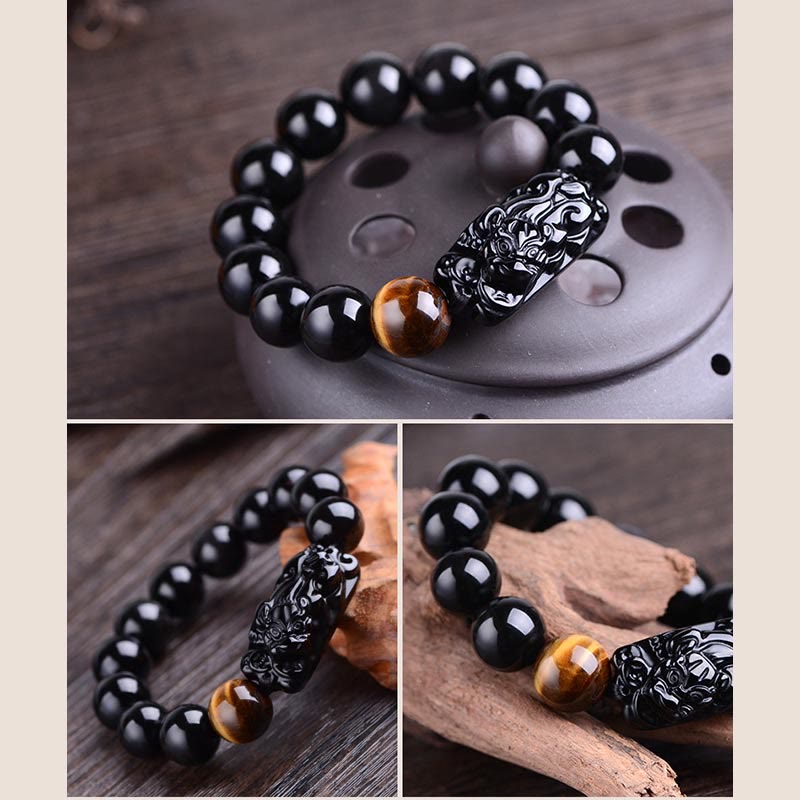Fortune Jewel Natural Black Obsidian PiXiu Tiger's Eye Strength Bracelet