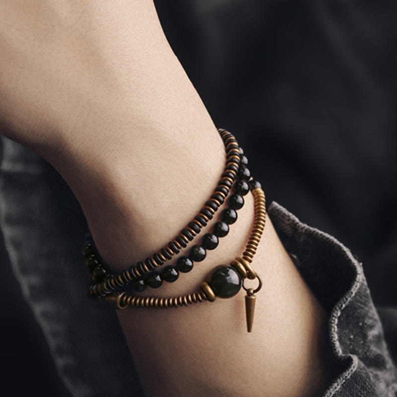 Fortune Jewel Rainbow Obsidian Ebony Wood Copper Healing Triple Wrap Bracelet