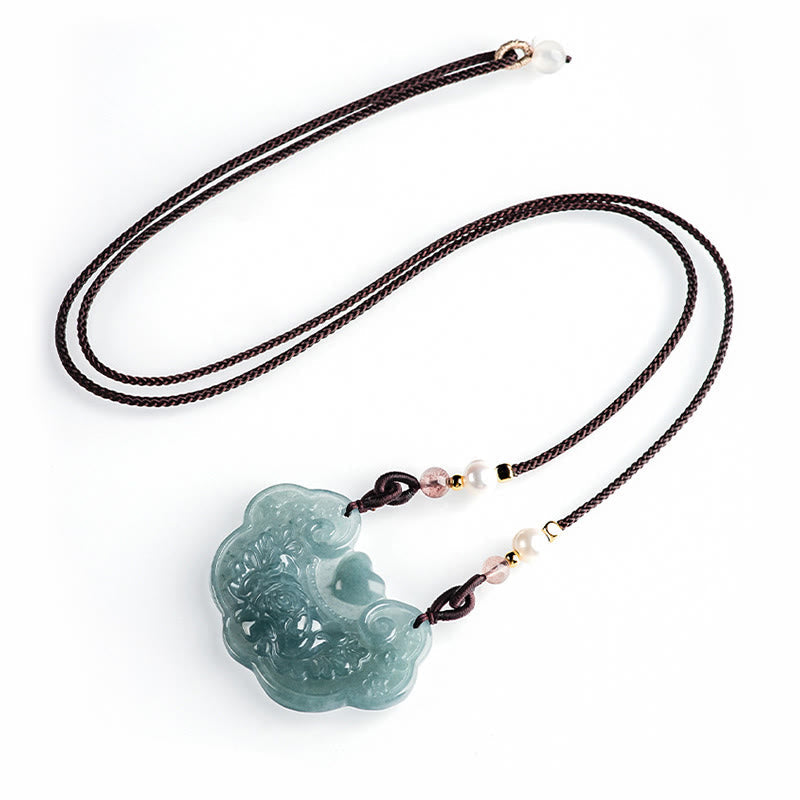 Fortune Jewel Natural Jade Peony Flower Lock of Good Wishes Prosperity Necklace Pendant