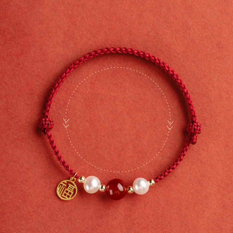 Fortune Jewel 925 Sterling Silver Good Fortune Fu Character Agate Pearl Red String Braid Bracelet