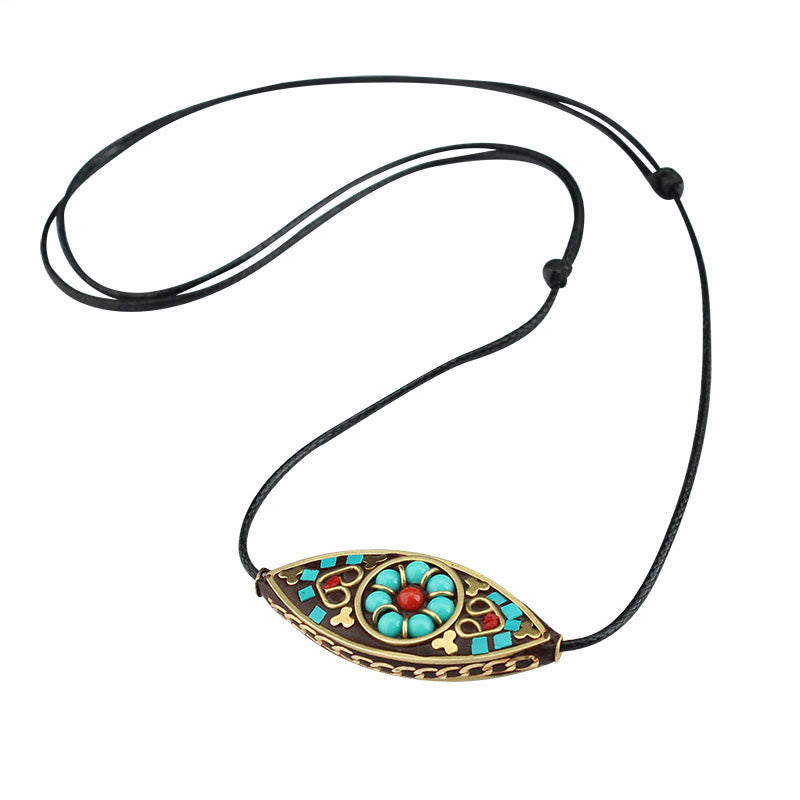 Fortune Jewel Tibet Turquoise Bead Marquise Pattern Protection Strength Necklace Pendant
