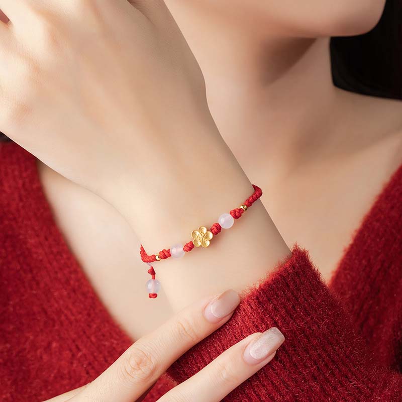 Fortune Jewel Handmade 925 Sterling Silver Peach Blossom Cherry Sakura Chalcedony Bead Luck Red Rope Bracelet