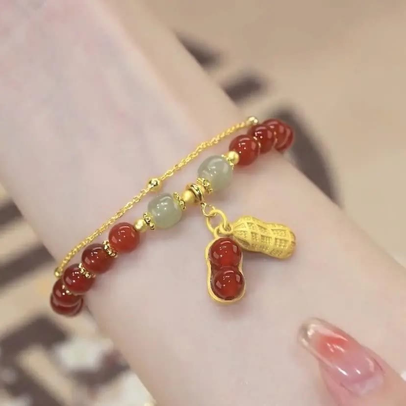 Fortune Jewel Jade Leaf Ginkgo Tulip Peanut Fu Character Luck Beaded Bracelet
