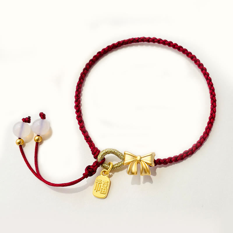 Fortune Jewel Handmade Peach Blossom Rosette Bow Knot Fu Character Charm Luck Fortune Red Rope Bracelet
