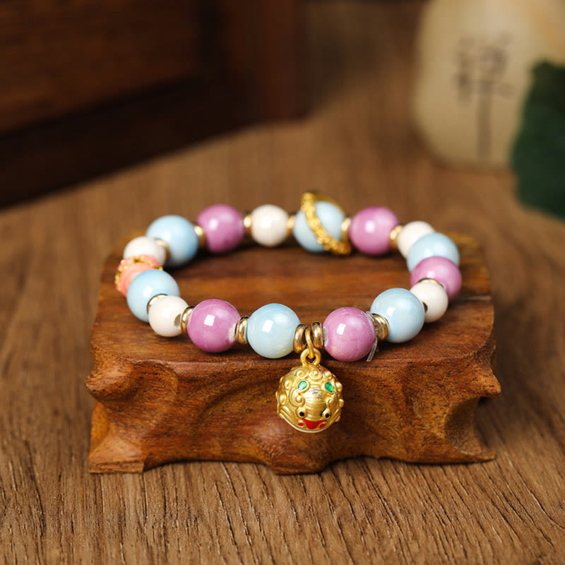 Fortune Jewel Tibetan Zakiram Goddess of Wealth Rabbit Lion Head Charm Liuli Glass Incense Ash Porcelain Bead Protection Bracelet