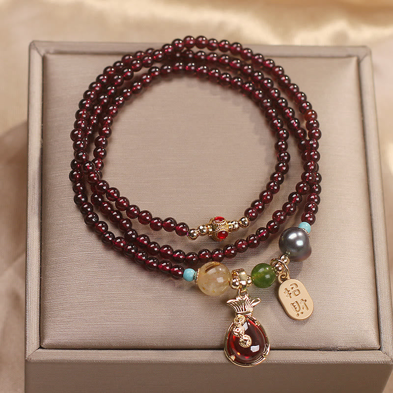 Fortune Jewel Multi Layered Natural Garnet Jade Coin Money Bag Attracting Wealth Protection Bracelet