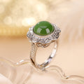 Fortune Jewel 925 Sterling Silver Hetian Cyan Jade Flower Design Luck Adjustable Ring