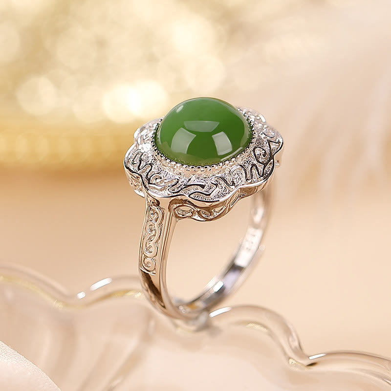 Fortune Jewel 925 Sterling Silver Hetian Cyan Jade Flower Design Luck Adjustable Ring