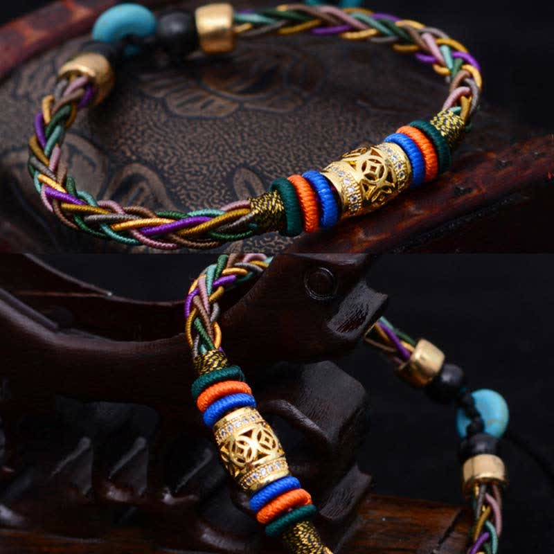 Fortune Jewel Tibetan Handmade Eight Thread Knot Copper Coin Luck Weave String Bracelet