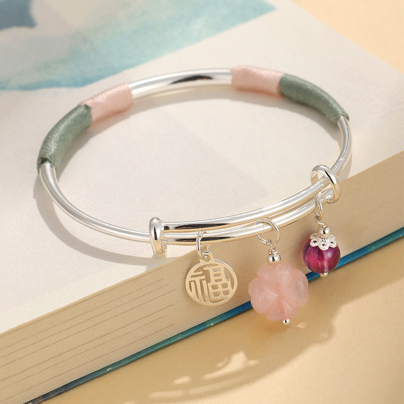 Fortune Jewel Pink Crystal Peace Buckle Lucky Flower Love Bracelet Bangle