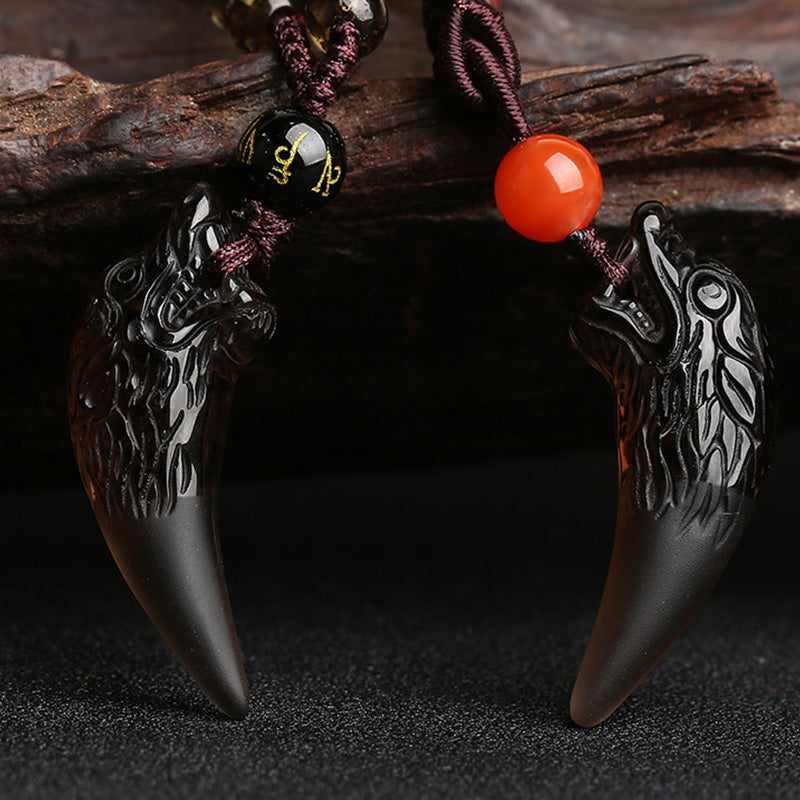 Fortune Jewel Natural Ice Obsidian Wolf Tooth Pattern Courage Necklace Pendant