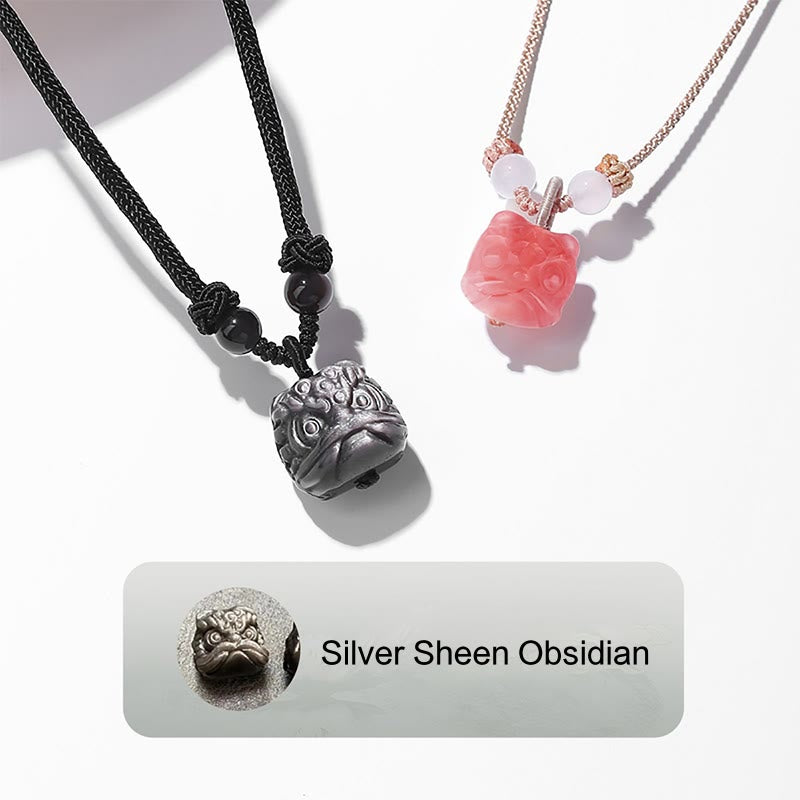 Fortune Jewel Natural Silver Sheen Obsidian Red Agate Dancing Lion Protection Necklace Pendant