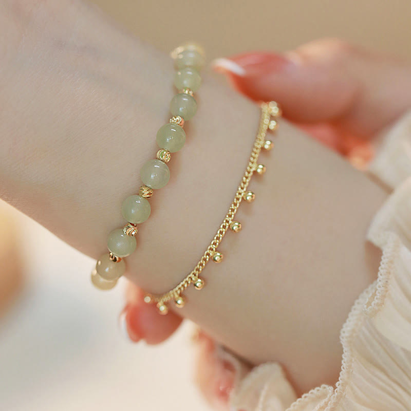 Fortune Jewel 14K Gold Plated 2 Layers Hetian Jade Bead Luck Prosperity Bracelet