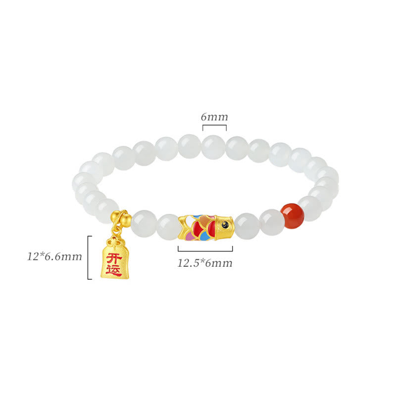 Fortune Jewel 925 Sterling Silver Hetian White Jade Red Agate Koi Fish Luck Happiness Bracelet