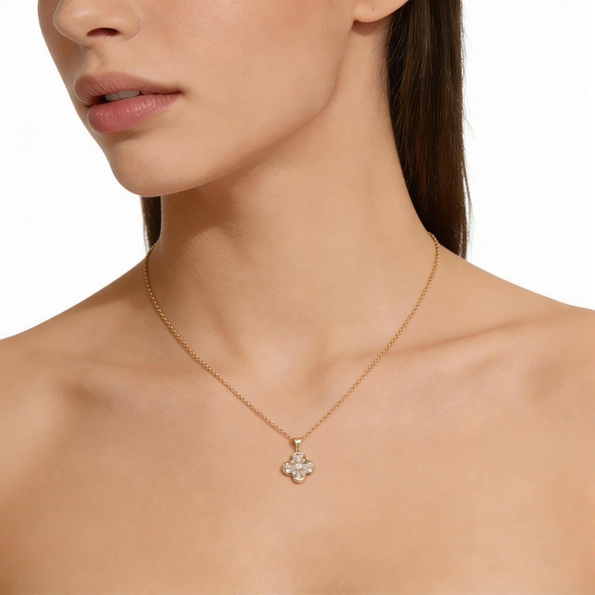 925 Sterling Silver CZ Four Leaf Clover Necklace – White Gold Color Collarbone Chain for Women