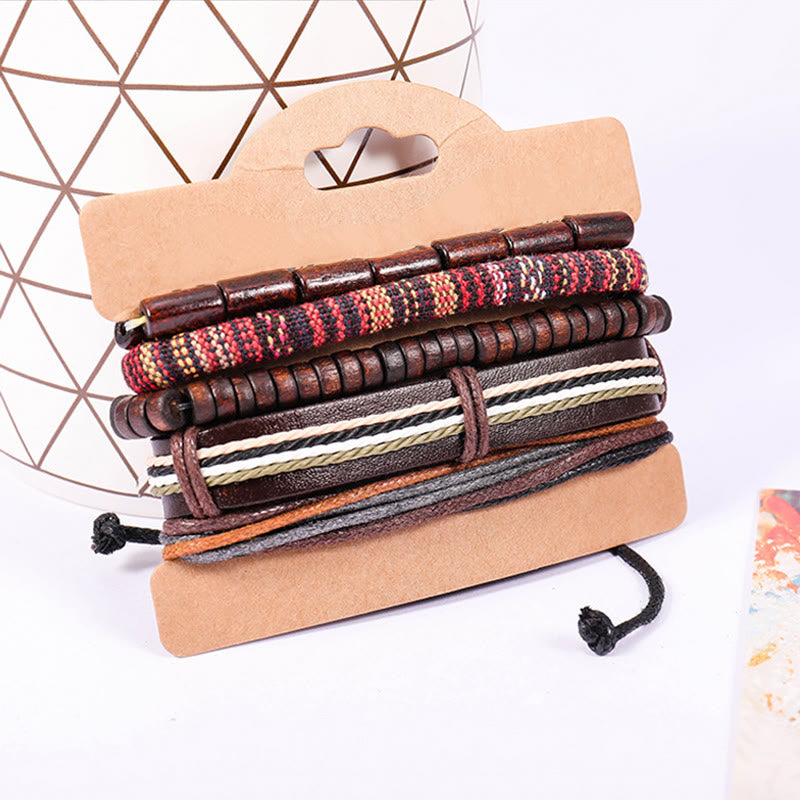 Fortune Jewel Wrap Hemp Cords Wood Beads Leather Bracelet