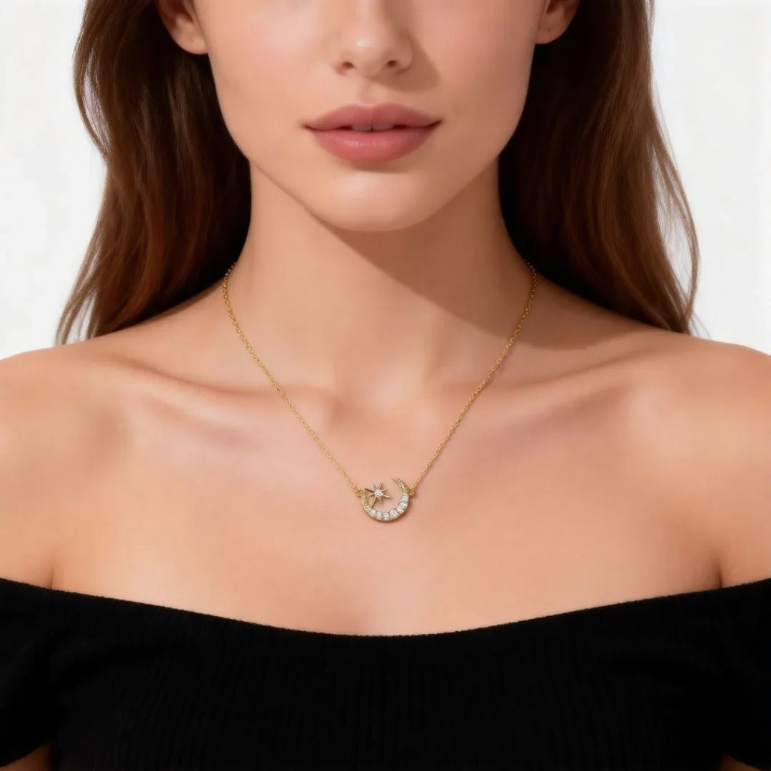 Lucky Star and Moon CZ Necklace for Women