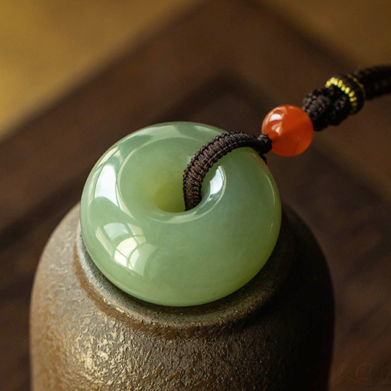Fortune Jewel Natural Round Jade Gray Jade Peace Buckle Luck Necklace Pendant