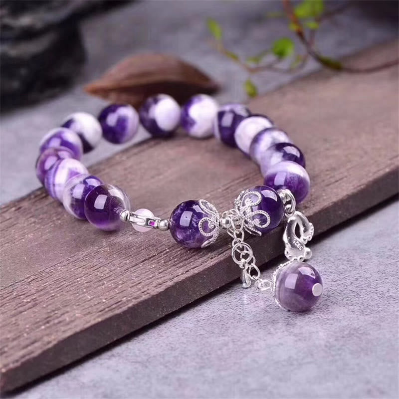 Fortune Jewel 925 Sterling Silver Natural Amethyst Healing Feet Love Heart Charm Bracelet