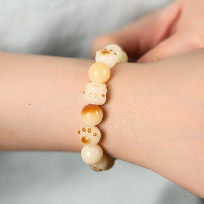 Fortune Jewel Natural Bodhi Seed Sandalwood Lucky Cute Cat Head Paw Claw Peace Bracelet