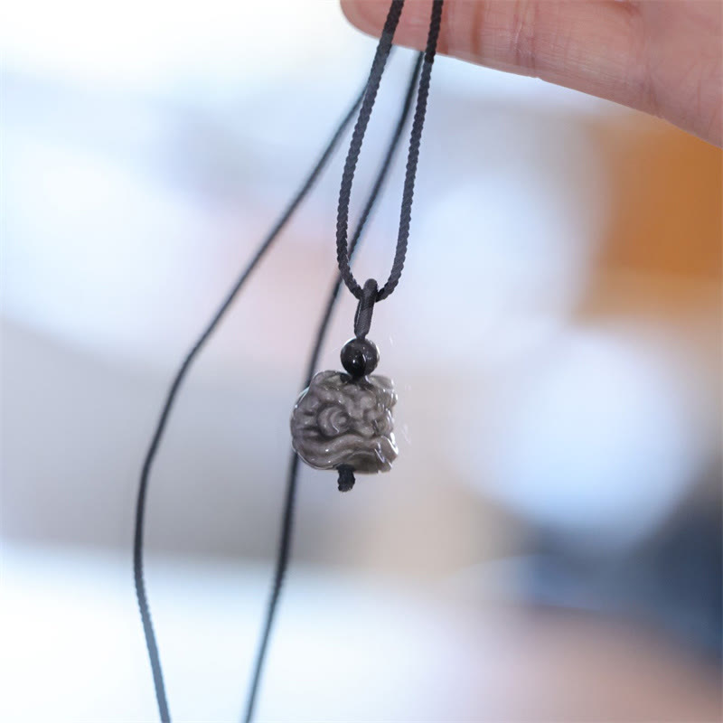 Fortune Jewel Natural Silver Sheen Obsidian Dancing Lion Protection Necklace Pendant