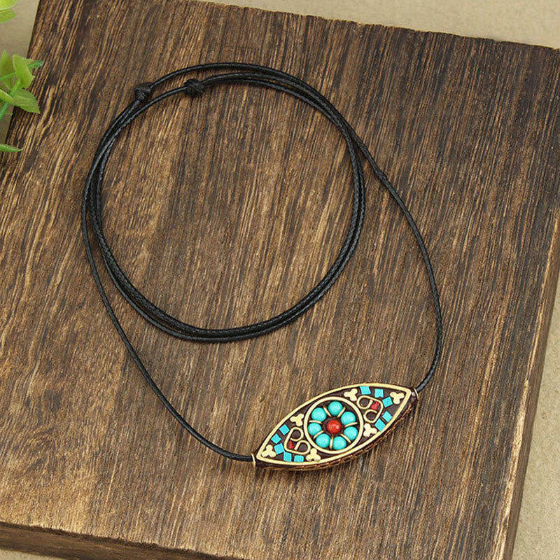 Fortune Jewel Tibet Turquoise Bead Marquise Pattern Protection Strength Necklace Pendant