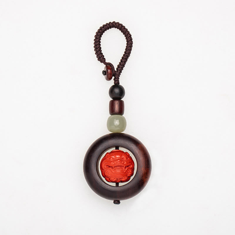 Fortune Jewel Tibet Om Mani Padme Hum PiXiu Copper Coin Small Leaf Red Sandalwood Cinnabar Protection Key Chain