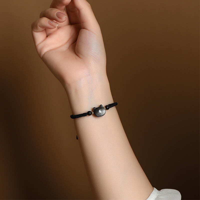 Fortune Jewel Handmade Natural Silver Sheen Obsidian Strawberry Quartz Cute Cat Protection Braided Bracelet