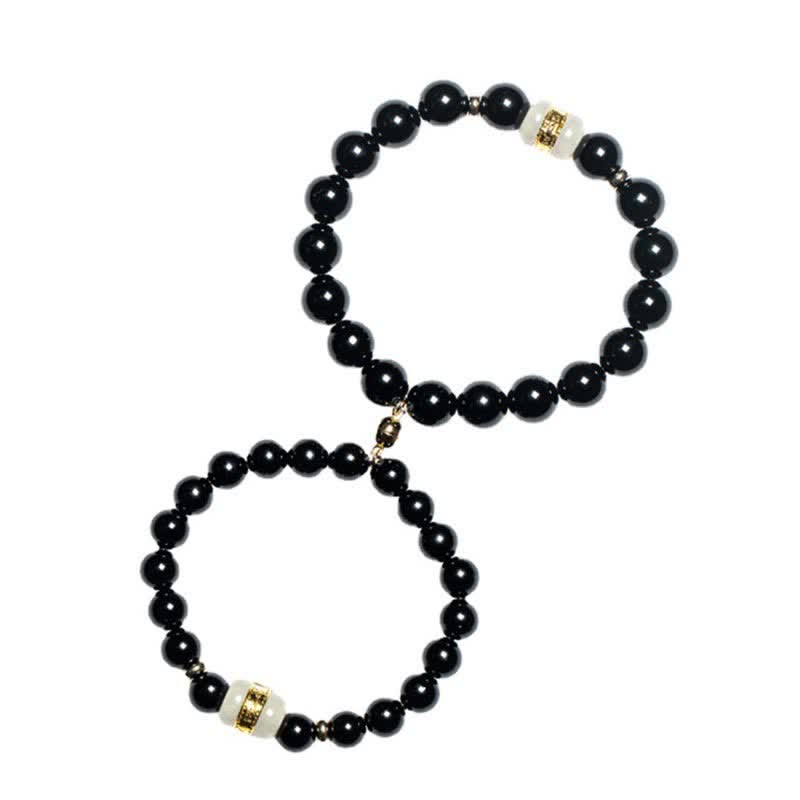 Fortune Jewel Black Obsidian Jade Om Mani Padme Hum Strength Couple Magnetic Bracelet