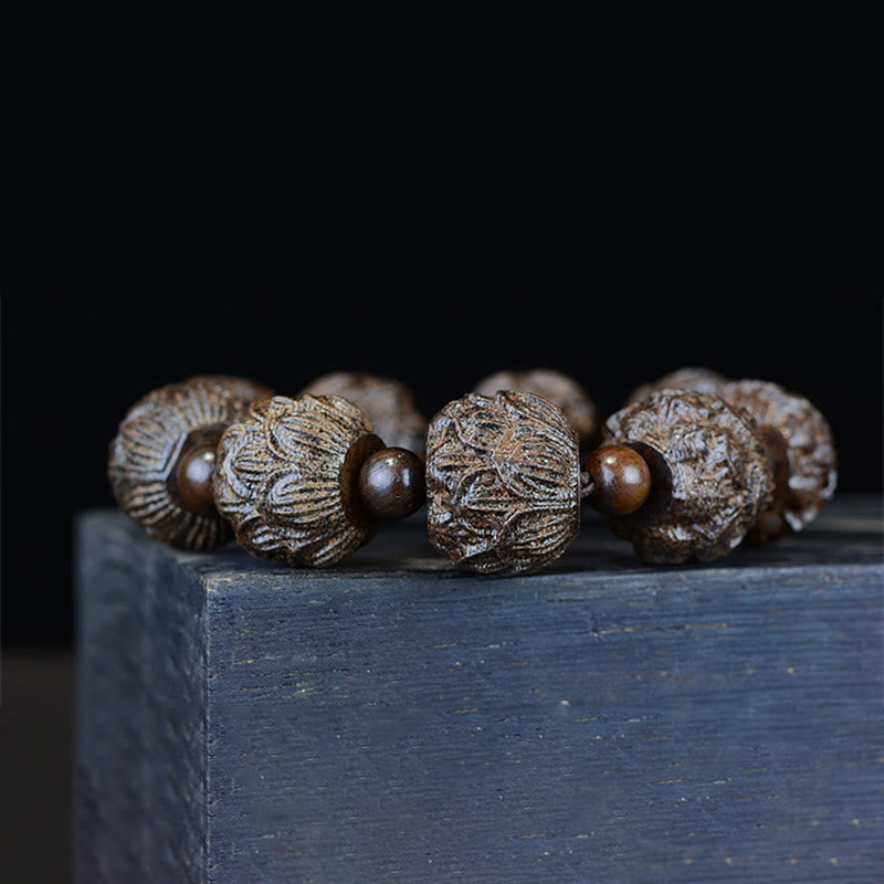 Fortune Jewel Ebony Wood Eighteen Arhats Lotus Dragon Engraved Balance Bracelet Fortune Jewel