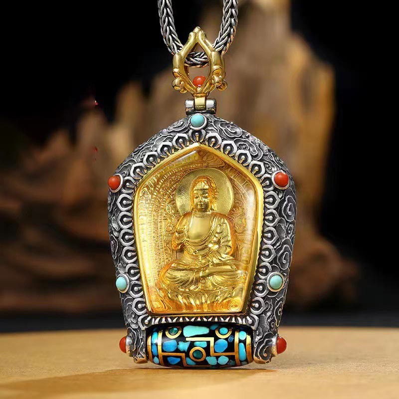 Fortune Jewel Tibet Chinese Zodiac Natal Buddha Thangka Prosperity Rotatable Dzi Bead Necklace Pendant Fortune Jewel