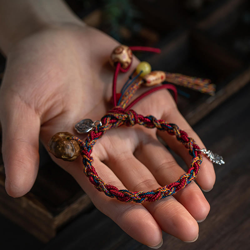 Fortune Jewel Tibetan Handmade Colorful Thread 925 Sterling Silver Koi Fish Protection Strength String Bracelet