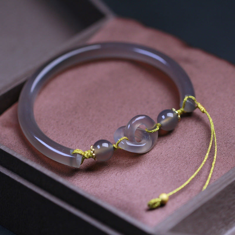 Fortune Jewel Natural Gray Agate Double Peace Buckle Balance Bracelet Bangle