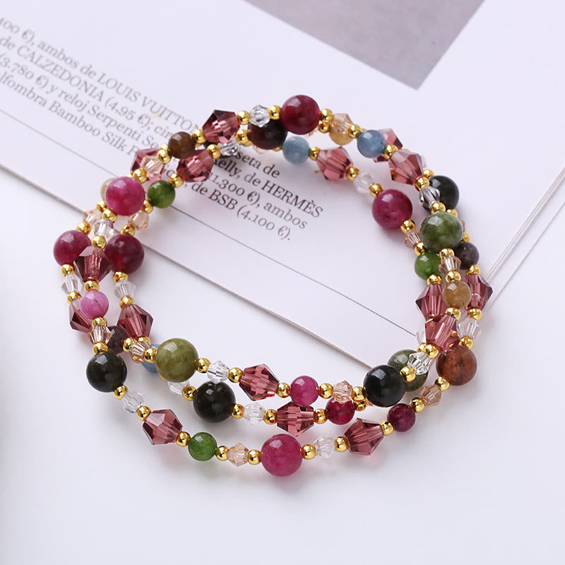 Fortune Jewel Natural Tourmaline Strawberry Quartz Amethyst Peace Wisdom Double Wrap Bracelet
