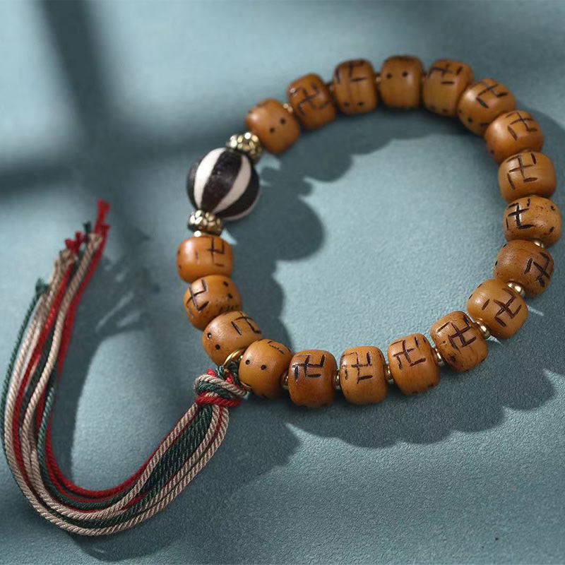 Fortune Jewel Natural Tibetan Camel Bone Swastika Dzi Bead Shankha Buddha Charm Kirtimukha Luck Protection Tassel Bracelet