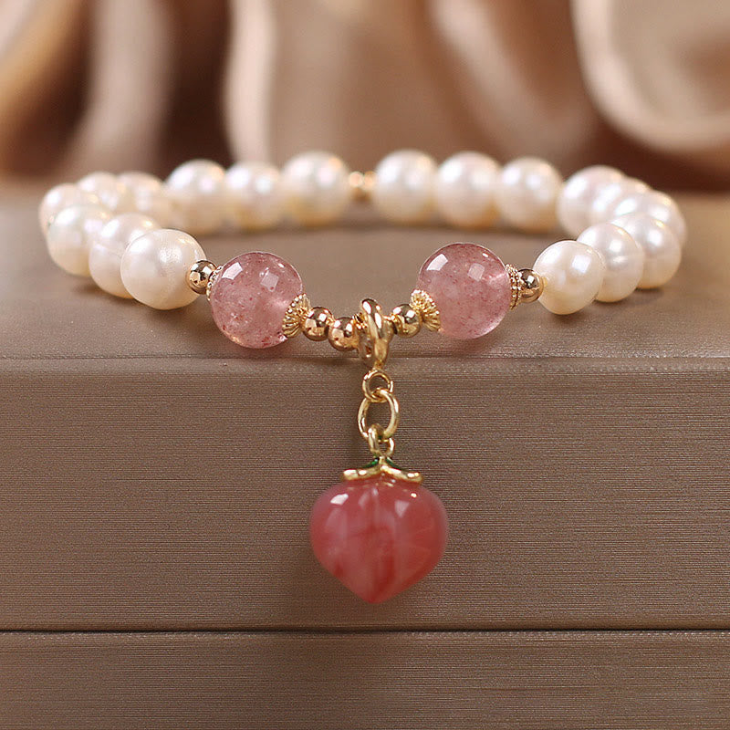 Fortune Jewel Natural Pearl Strawberry Quartz Peach Love Heart Wisdom Charm Bracelet