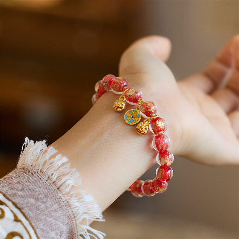 Fortune Jewel Gold Swallowing Beast Copper Coin Good Luck Charm Liuli Glass Bead Fortune Bracelet