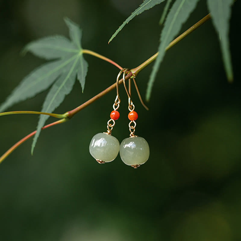Fortune Jewel 925 Sterling Silver Plated 14k Gold Hetian Jade Red Agate Luck Drop Dangle Earrings