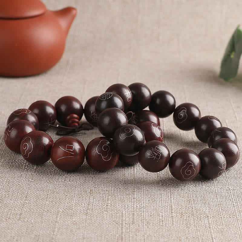 Fortune Jewel 925 Sterling Silver Inlaid Small Leaf Red Sandalwood Om Mani Padme Hum Character Auspicious Clouds Protection Bracelet