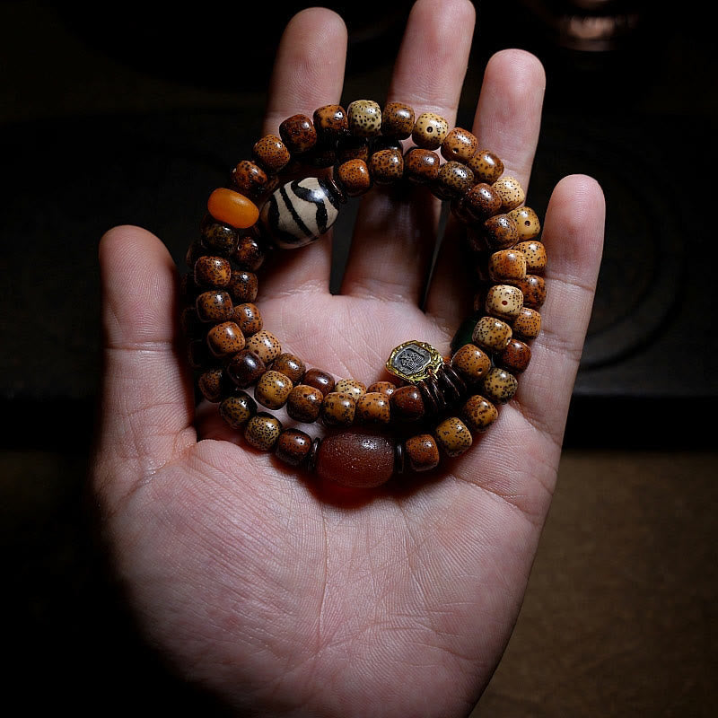 Fortune Jewel Tibetan Bodhi Seed Amber Dzi Bead Agate Zakiram Goddess of Wealth Beads Triple Wrap Bracelet