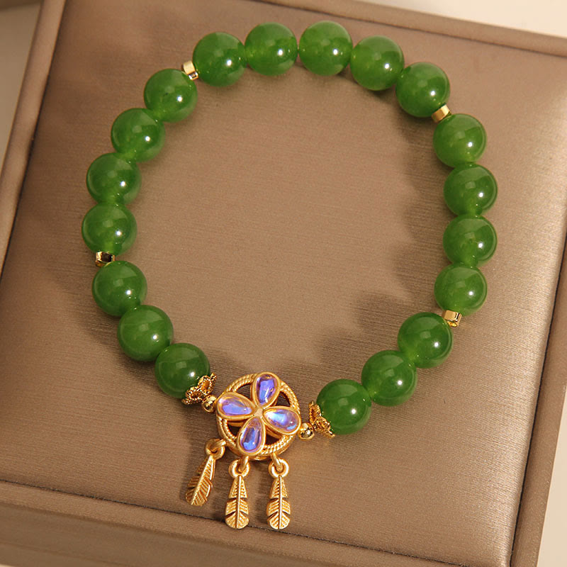 Fortune Jewel Green Jade Dreamcatcher Four Leaf Clover Luck Bracelet