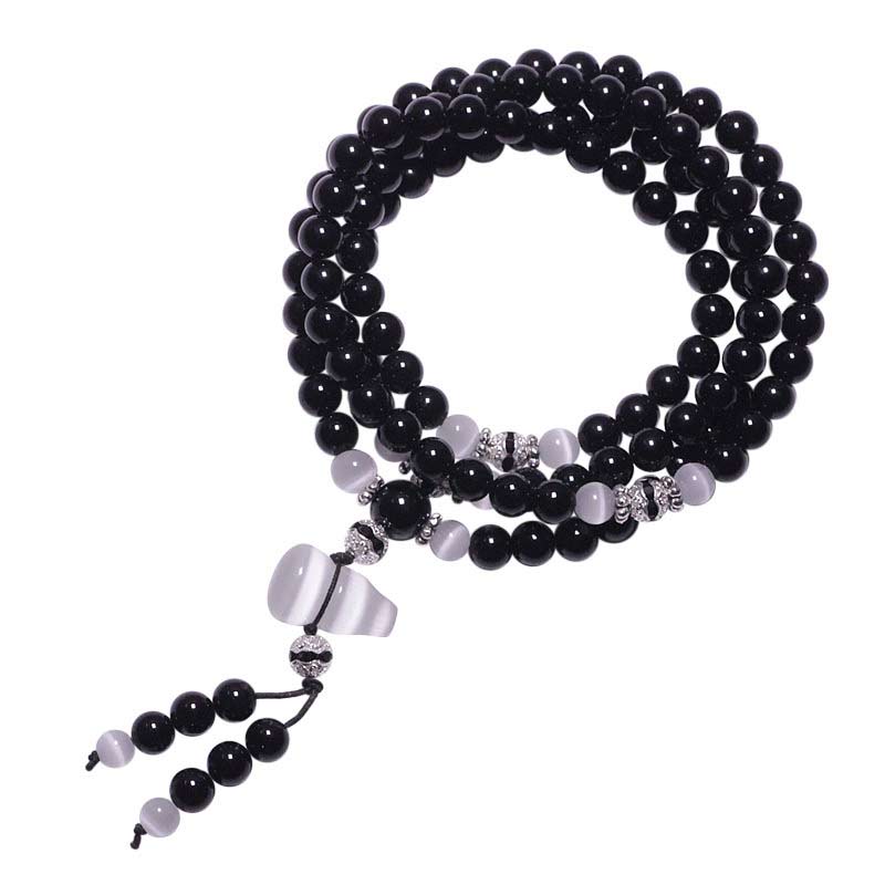 Fortune Jewel Black Onyx White Crystal Bead Meditation Bracelet
