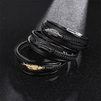 Fortune Jewel Feather Pattern Multilayer Leather Titanium Steel Calm Braided Magnetic Buckle Bracelet