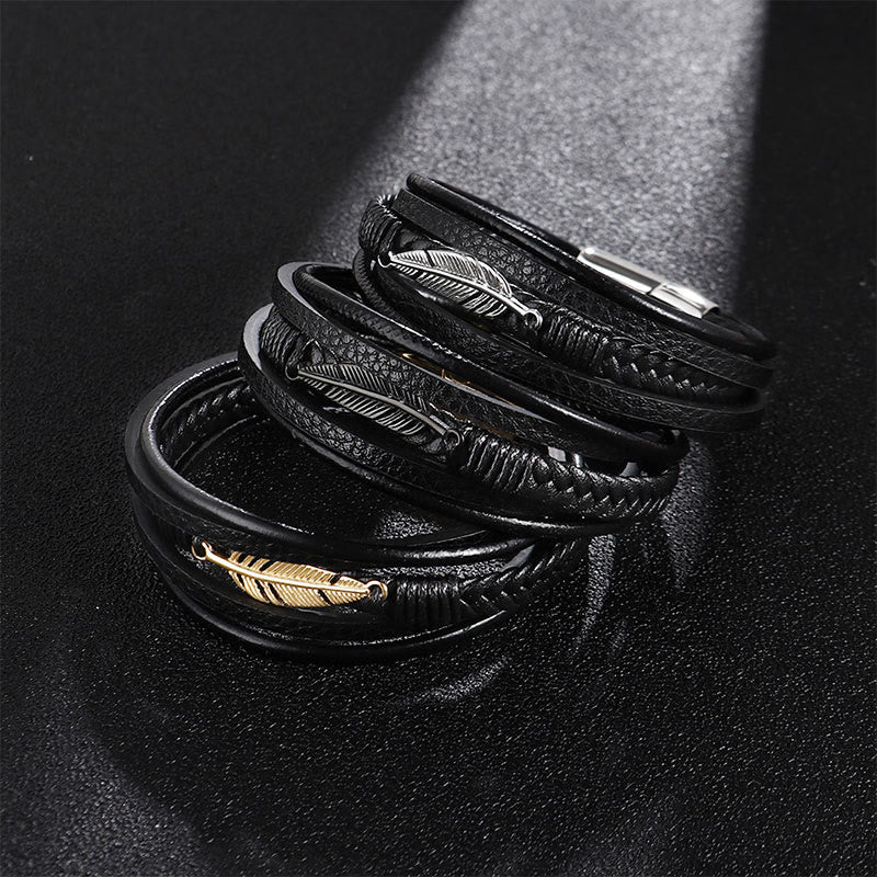 Fortune Jewel Feather Pattern Multilayer Leather Titanium Steel Calm Braided Magnetic Buckle Bracelet