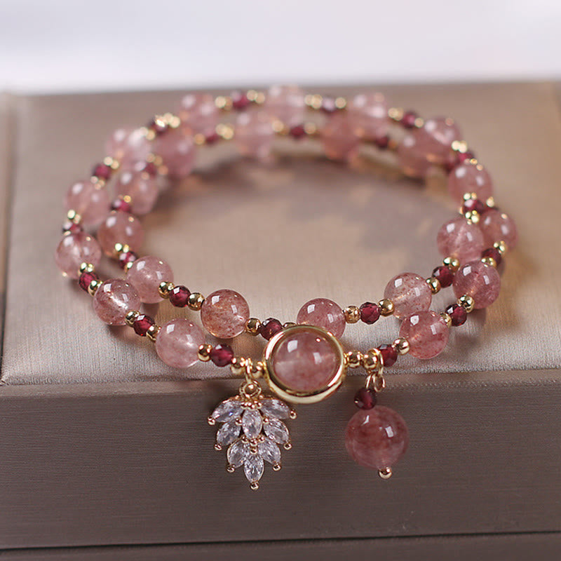 Fortune Jewel Natural Strawberry Quartz Love Healing Maple Leaf Charm Double Wrap Bracelet