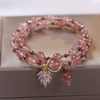 Fortune Jewel Natural Strawberry Quartz Love Healing Maple Leaf Charm Double Wrap Bracelet